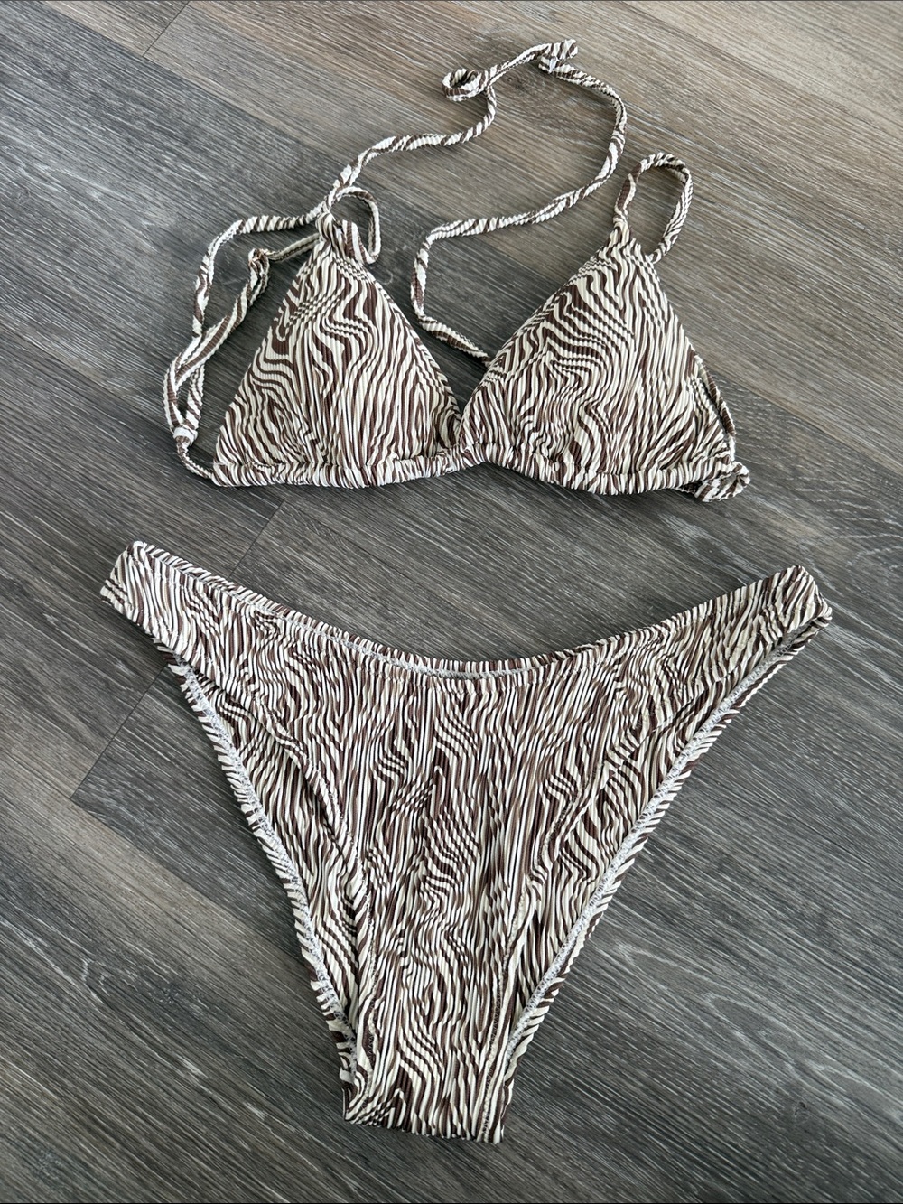 Zebra-Stripe Triangle Bikini Set in Brown and Cream